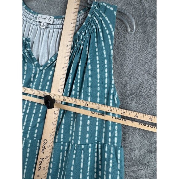 Teal Sleeveless Tiered Ruffle Top With White Dotted Stripes V-Neck By Wonderly - Picture 6 of 8